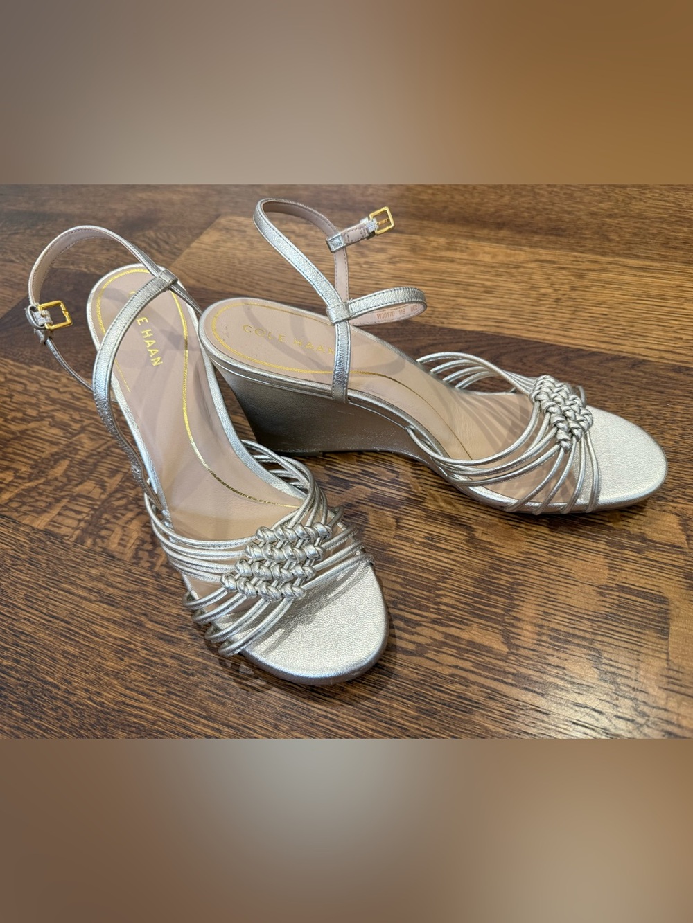 Cole Haan Metallic Silver Knotted-Strap Wedge Sandals - size 11